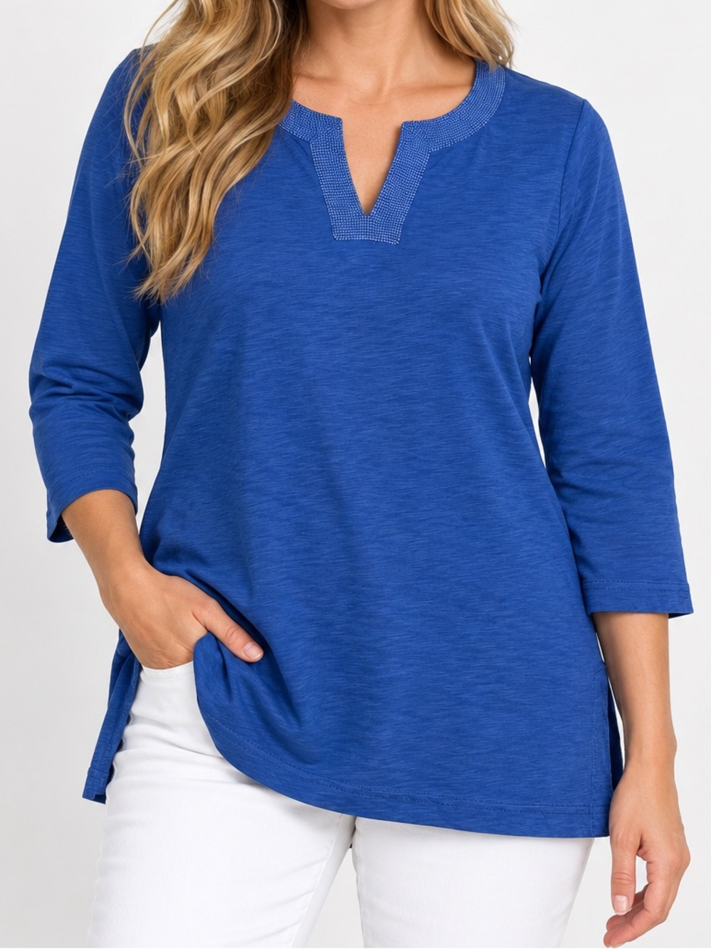 Boden Blue Cotton Size 14, 3/4 Sleeve Split Neck Tunic Top